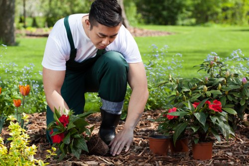 Labelled recycling bays in a residential garden setting